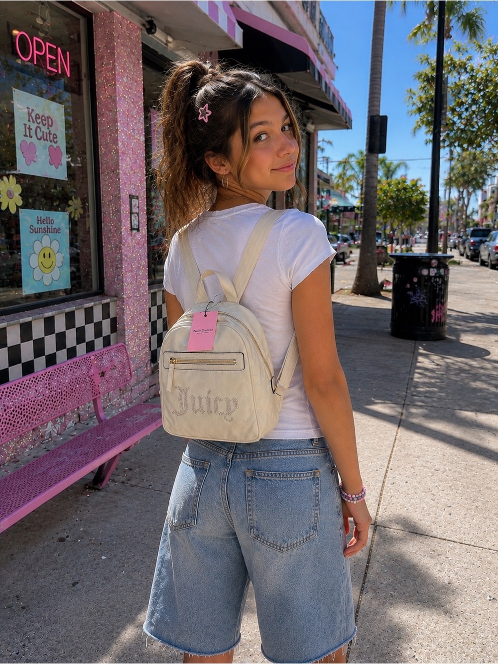 Juicy Couture Y2K McBling Ivory Cream Velour Mini Backpack Rhinestones School
